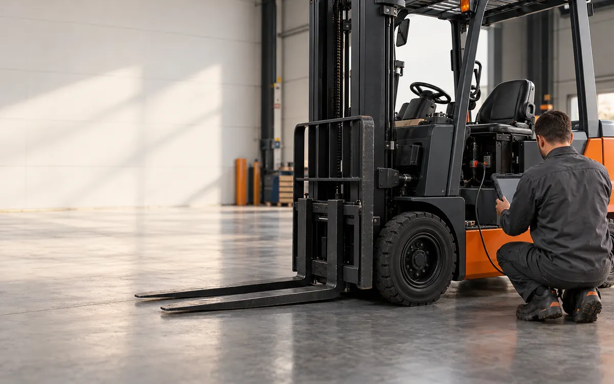 Depoda forklifte kabloyla bağlı tablet kullanan teknisyen